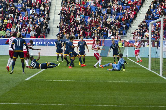 Red Bulls midfielder Felipe scores an accidental header against the LA Galaxy.